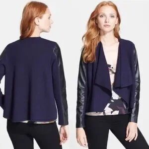 NWT TED BAKER Gaeton Navy and Black Leather and Wool Cardigan Jacket
